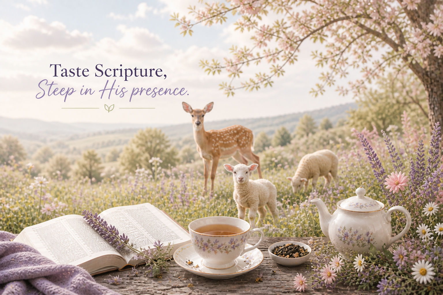 Peaceful scene with an open book, teacup, and teapot in a field with animals and flowers.