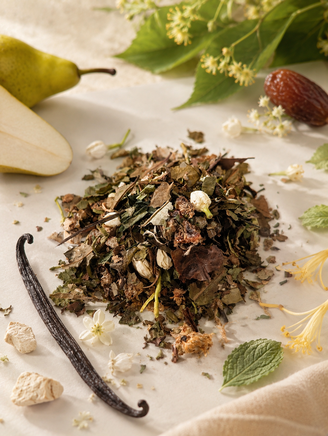 Herbal tea leaves with a white tea, jasmine, honeysuckle, vanilla bean, pear, and dates on a light surface.
